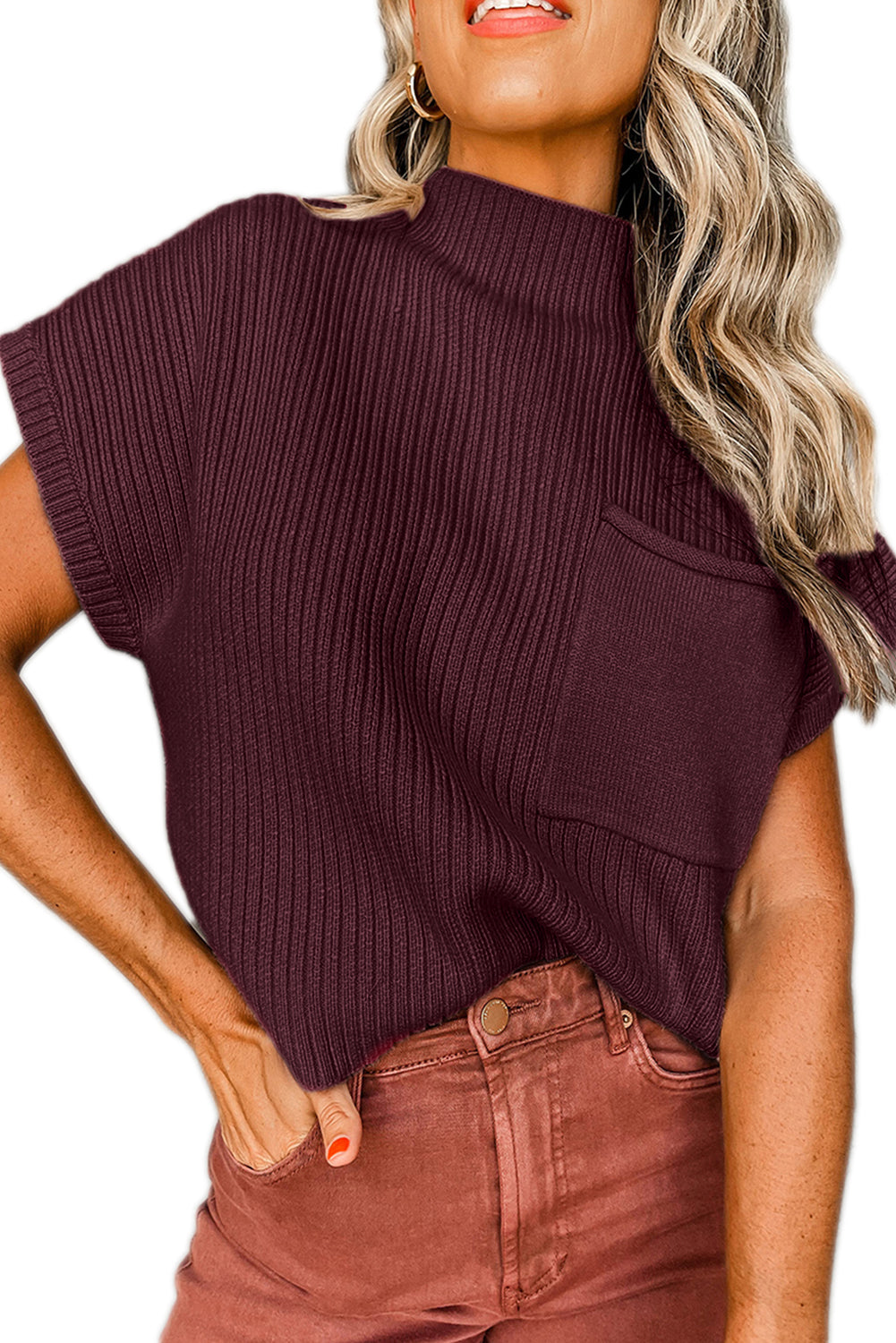 Oatmeal Patch Pocket Ribbed Knit Short Sleeve Sweater