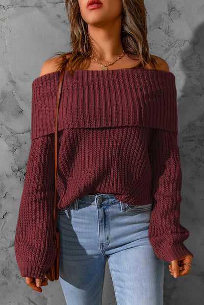 Khaki Ribbed Knit Foldover Off Shoulder Sweater