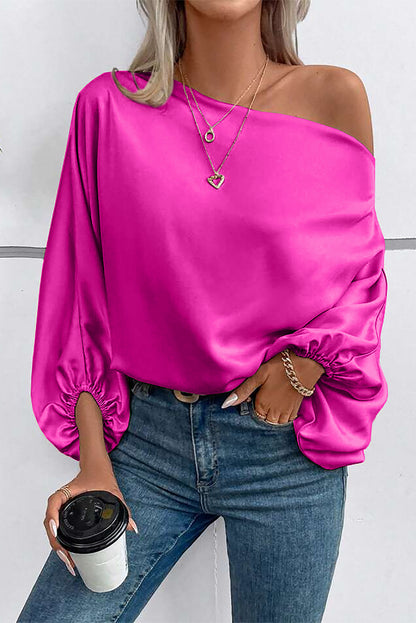 Bright Pink Solid Color Asymmetrical Neck Lantern Sleeve Blouse