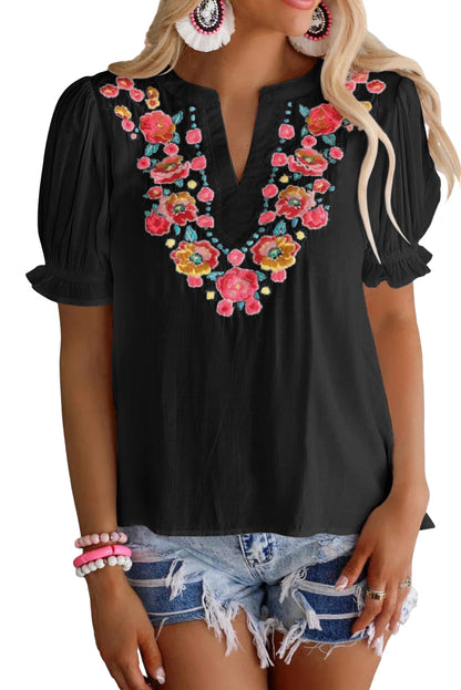 Blouse noire à manches bouffantes et à volants style Boho brodé de fleurs