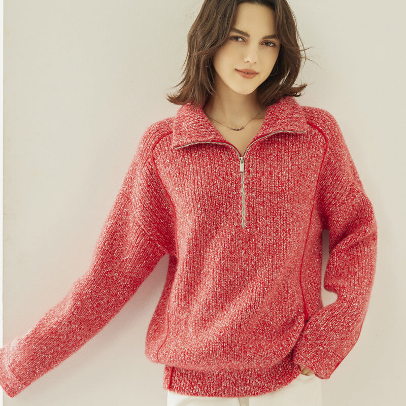 Pull en cachemire à col montant en tissu arabesque épais à cinq brins pour femme, chemise ample et inactive à col semi-ouvert pour automne et hiver