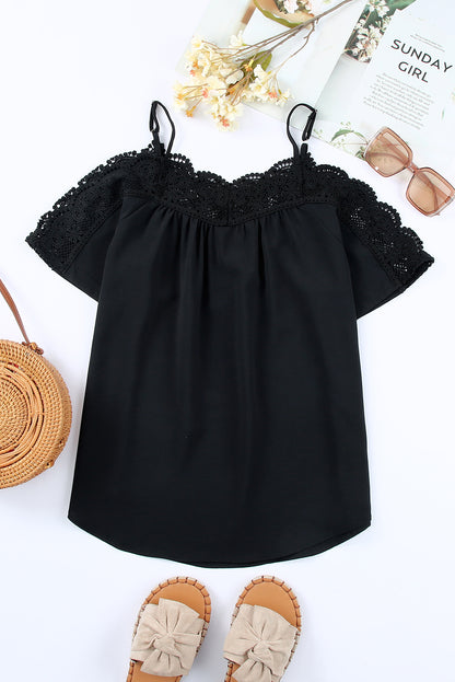 Black Casual Crochet Cold Shoulder Summer Top