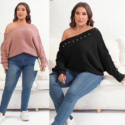 Pull à manches chauve-souris à lacets pour femme grande taille