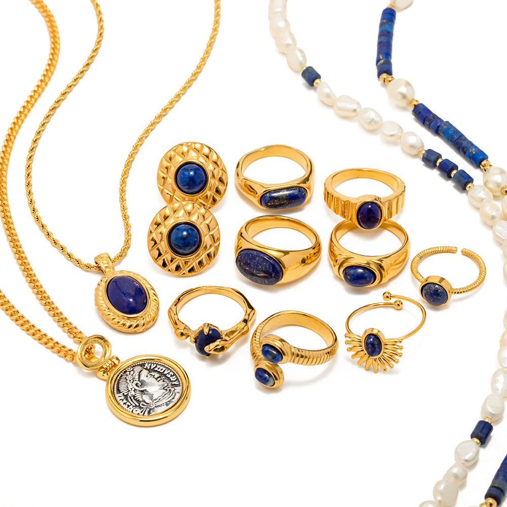 18K gold high-end light luxury lapis lazuli palace retro jewelry set