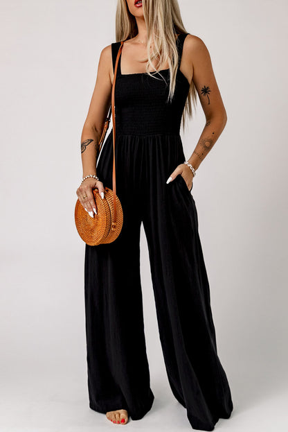 Black Casual Smocked Sleeveless Wide Leg Jumpsuit With Pockets