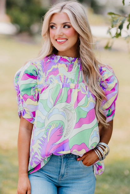 Pink Abstract Print Smocked Bubble Sleeve Blouse