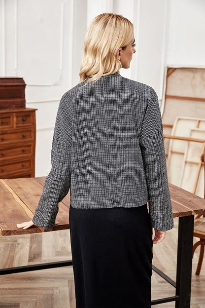 Veste courte pour femme, cardigan tup sans col à carreaux à manches longues et col ample coréen pour femme