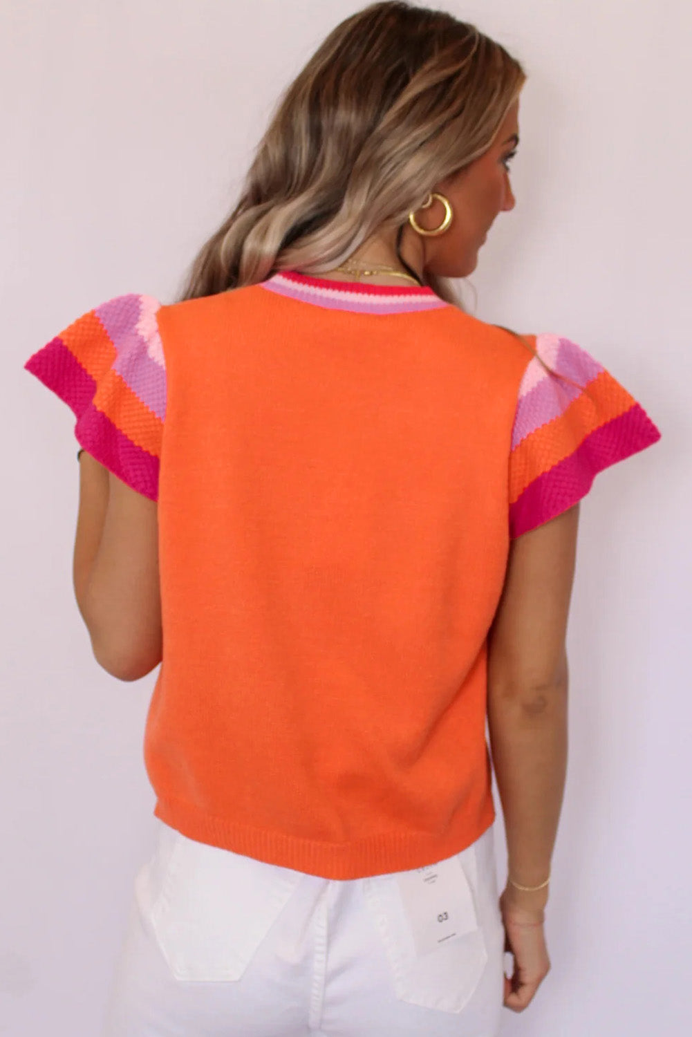 Carrot Contrast Color Striped Sleeve Knitted Tee