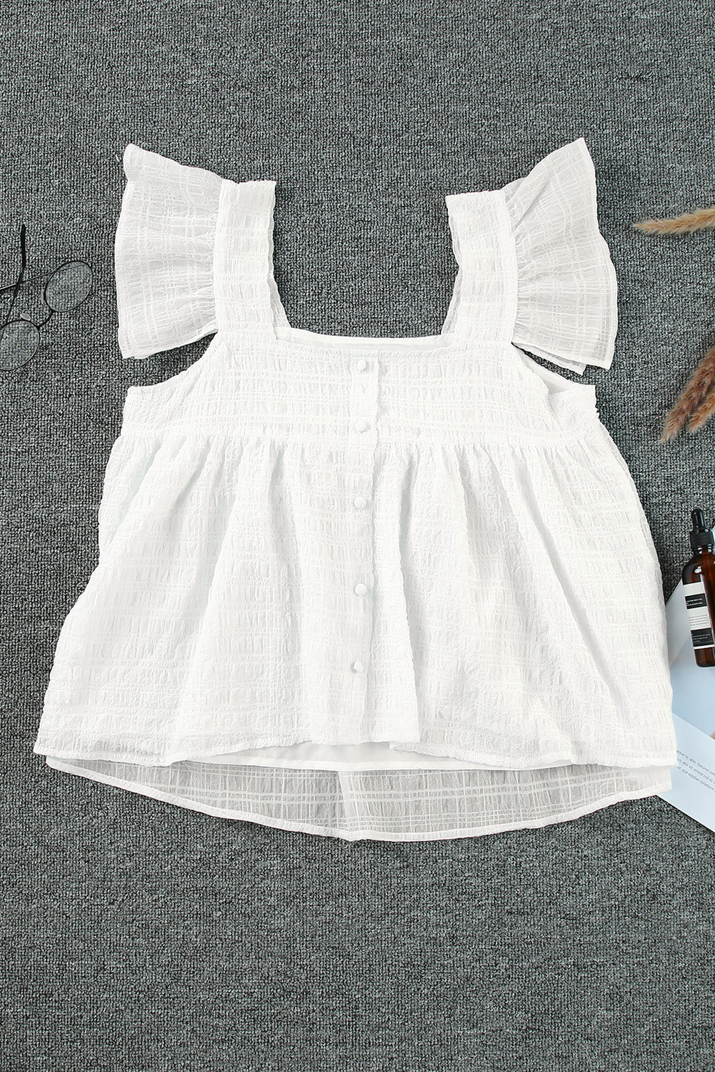 White Square Neck Textured Flowy Tank Top