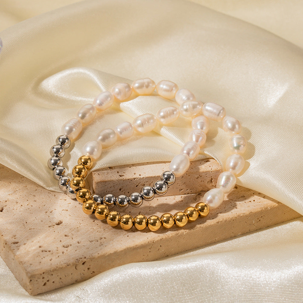 18K gold classic fashionable round beads and pearl bead design versatile bracelet