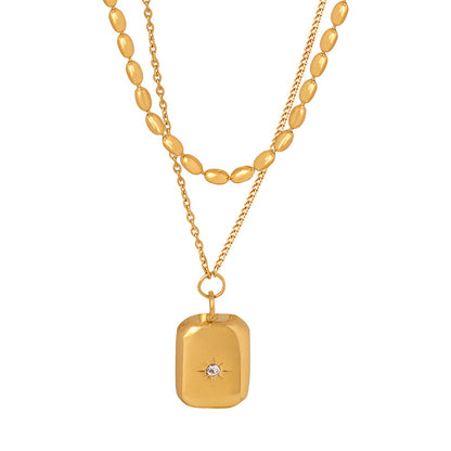 18K gold exquisite and noble square with double layer stacking design pendant necklace