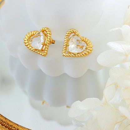 18K Gold Exquisite Dazzling Heart-shaped Inlaid Zircon Design Versatile Earrings