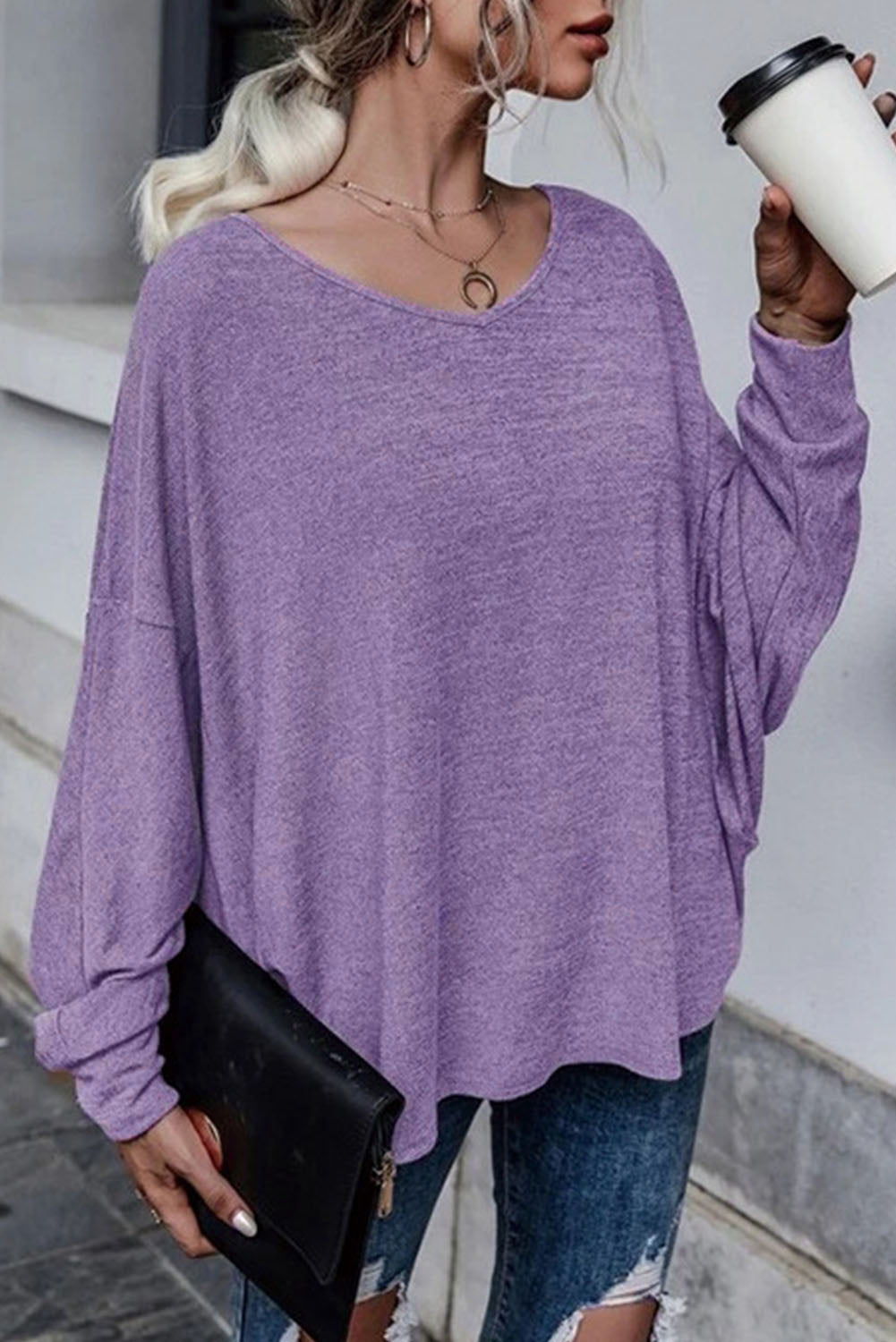 Purple Plain Tie Back Drop Shoulder Long Sleeve Top