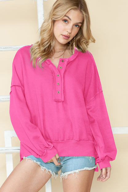 Sweat-shirt Henley ample à épaules tombantes rose vif