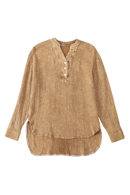 Brown Loose Crinkle Button V Neck Henley Top