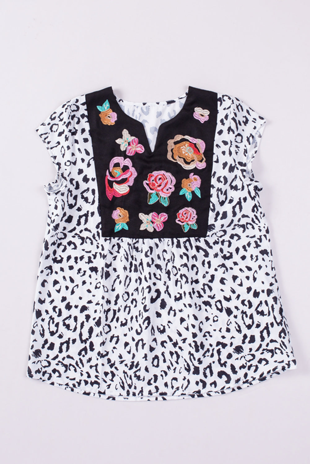 Black & White Animal Print Flower Embroidered Tunic Short Sleeve Top