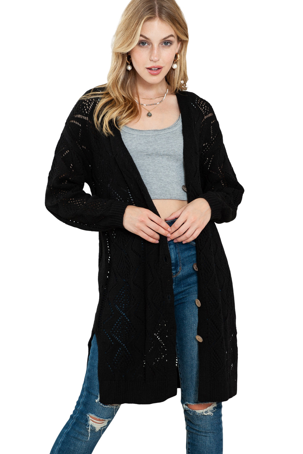 Cardigan long ample boutonné kaki ajouré