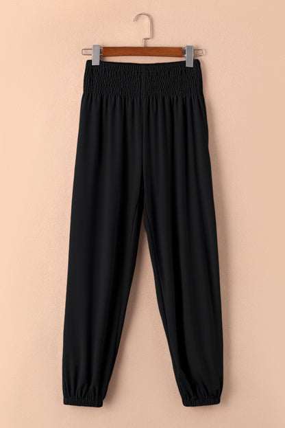 Pantalon de jogging taille haute smocké noir avec poches