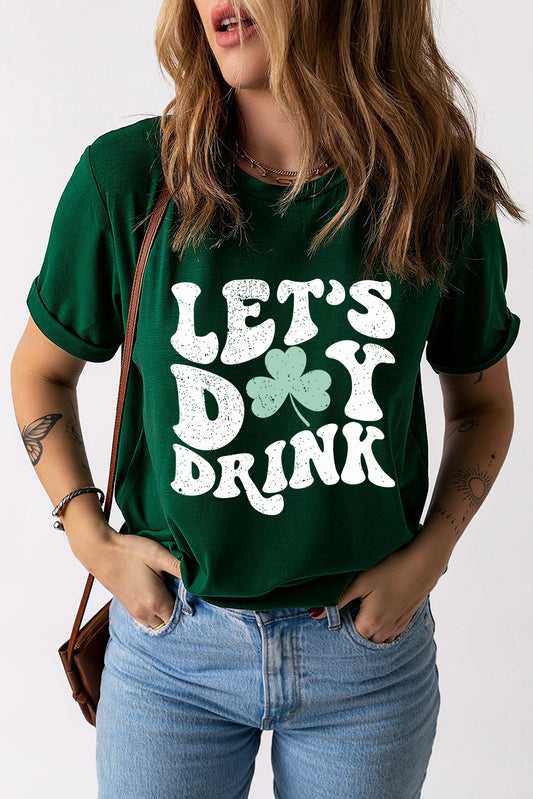 T-shirt vert à col rond avec image de trèfle Lets Day Drink