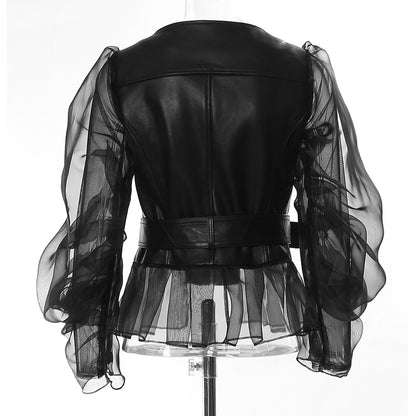 Veste de moto en cuir Transparent avec coutures dominatrices