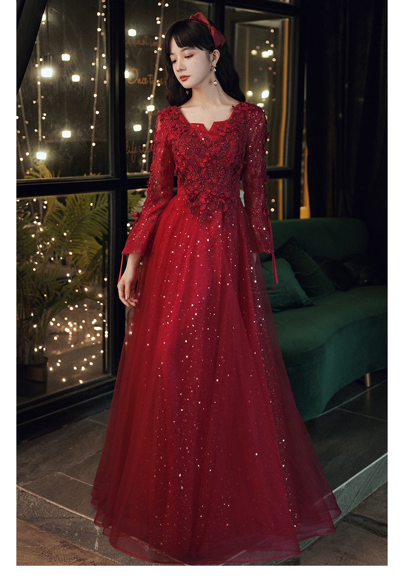 Robe de soirée à manches longues d'été de fiançailles haut de gamme rouge de mariée