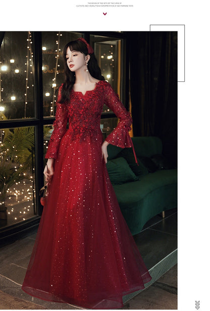 Robe de soirée à manches longues d'été de fiançailles haut de gamme rouge de mariée