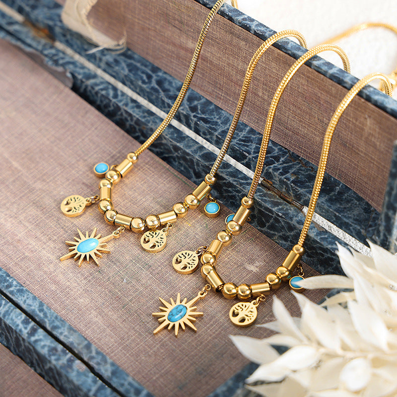 18K Gold Noble Atmosphere Tree of Life and Sun with Turquoise Design Bohemian Necklace Bracelet Set