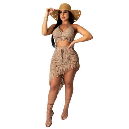 Women's Crochet Tassel Casual Suit