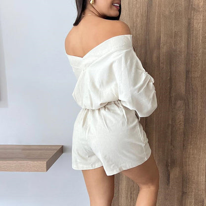 Women's Fashionable Off-shoulder Puff Sleeve Short Top High Waist Shorts Suit