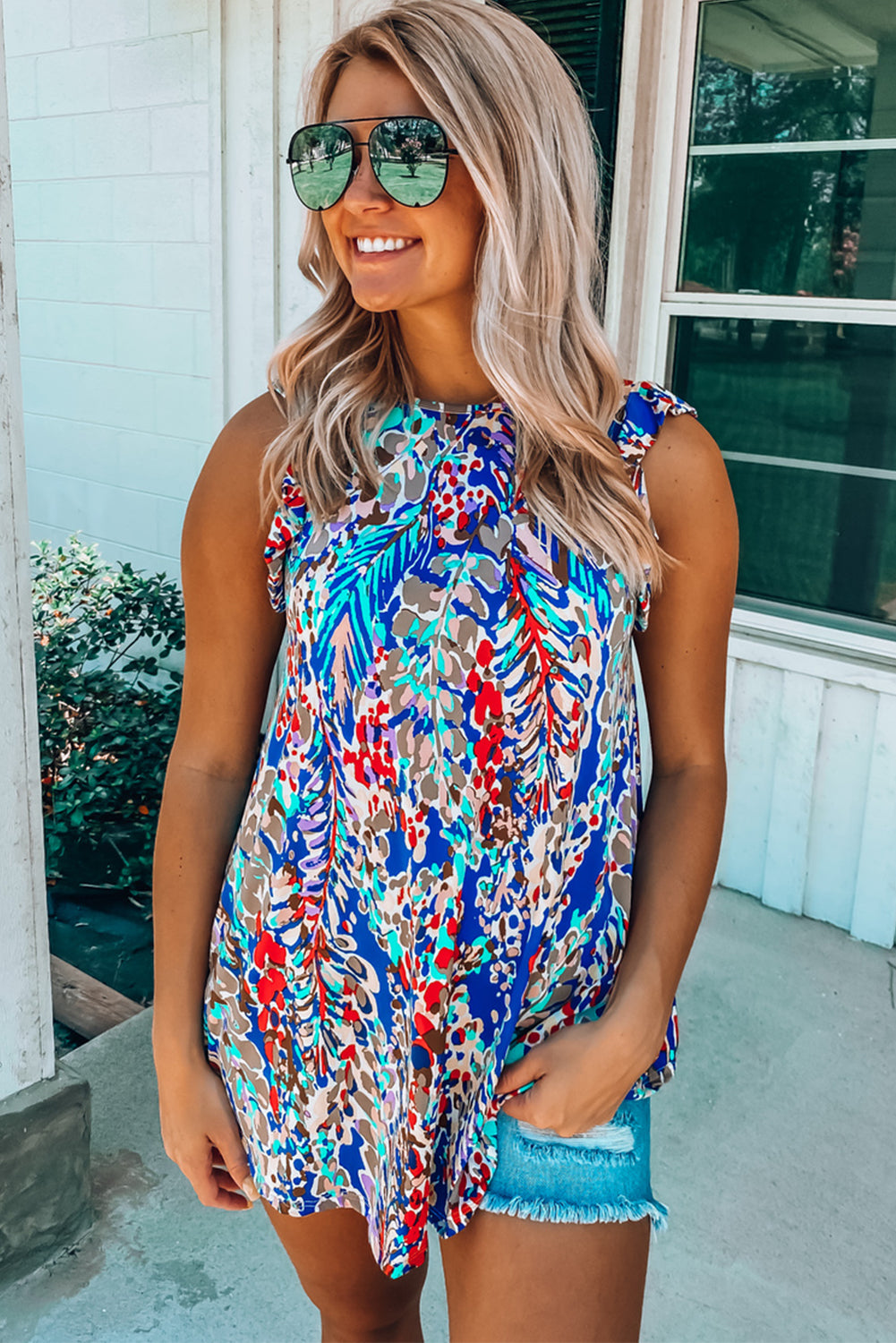 Light Blue Abstract Print Color Block Babydoll Boho Sleeveless Shirt with Ruffle