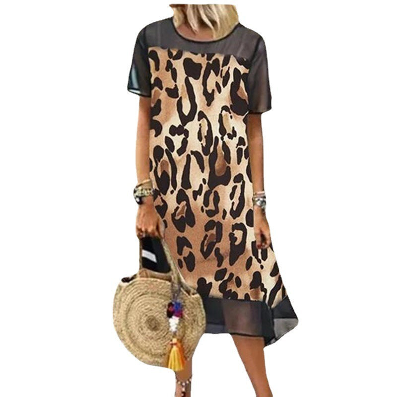 Women's Fashion Leopard Mesh Stitching Loose Plus Size Dress