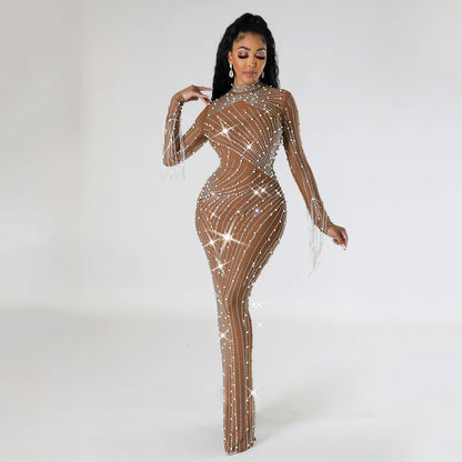 Robe longue en maille strass pour femmes