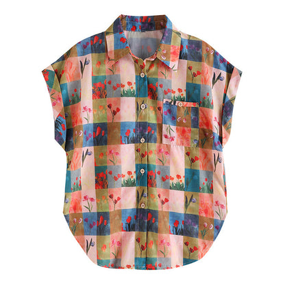 Women's Summer Hong Kong Style Retro Loose Color Matching Plaid Printed Shirt