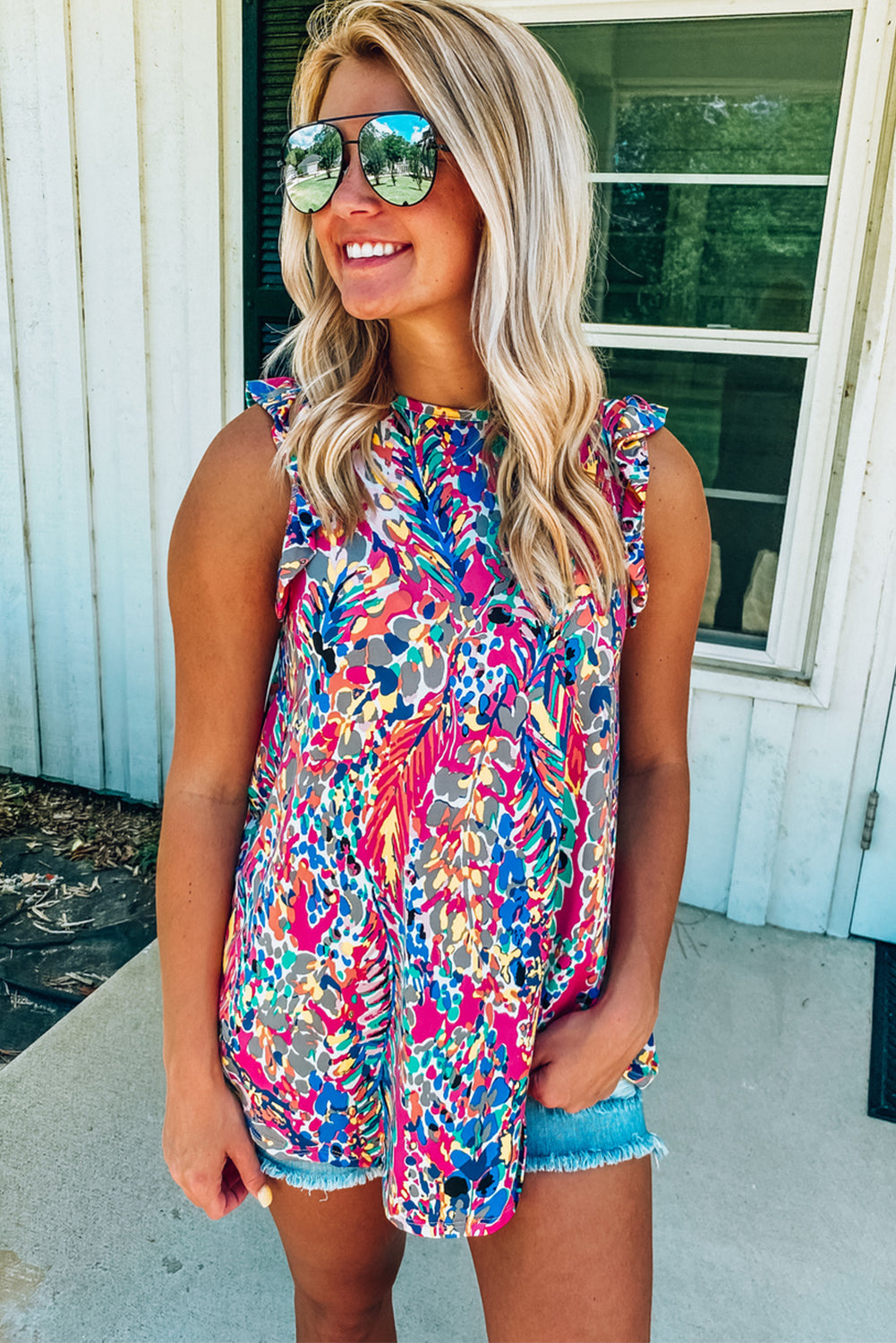 Light Blue Abstract Print Color Block Babydoll Boho Sleeveless Shirt with Ruffle