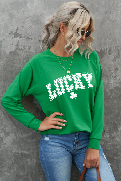 Green St Patricks LUCKY Clover Graphic Raglan Sleeve Sweatshirt