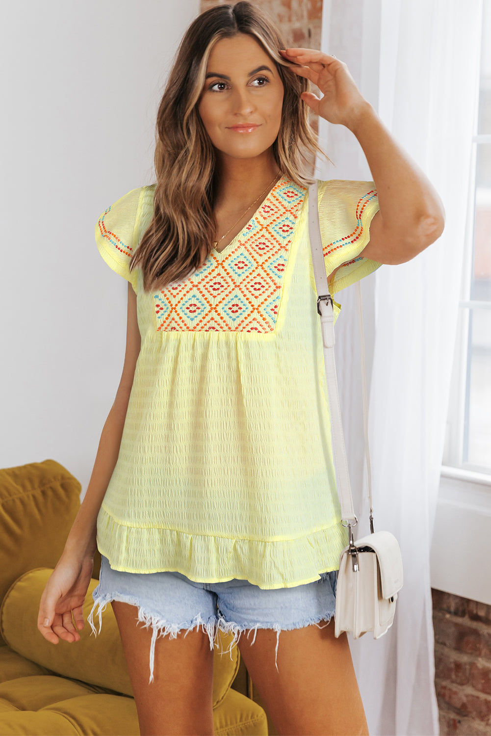 Yellow Geometric Embroidery Ruffles V Neck Textured Top