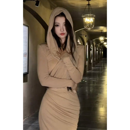 Hooded Long Sleeve Top Mid-length Skirt Suit