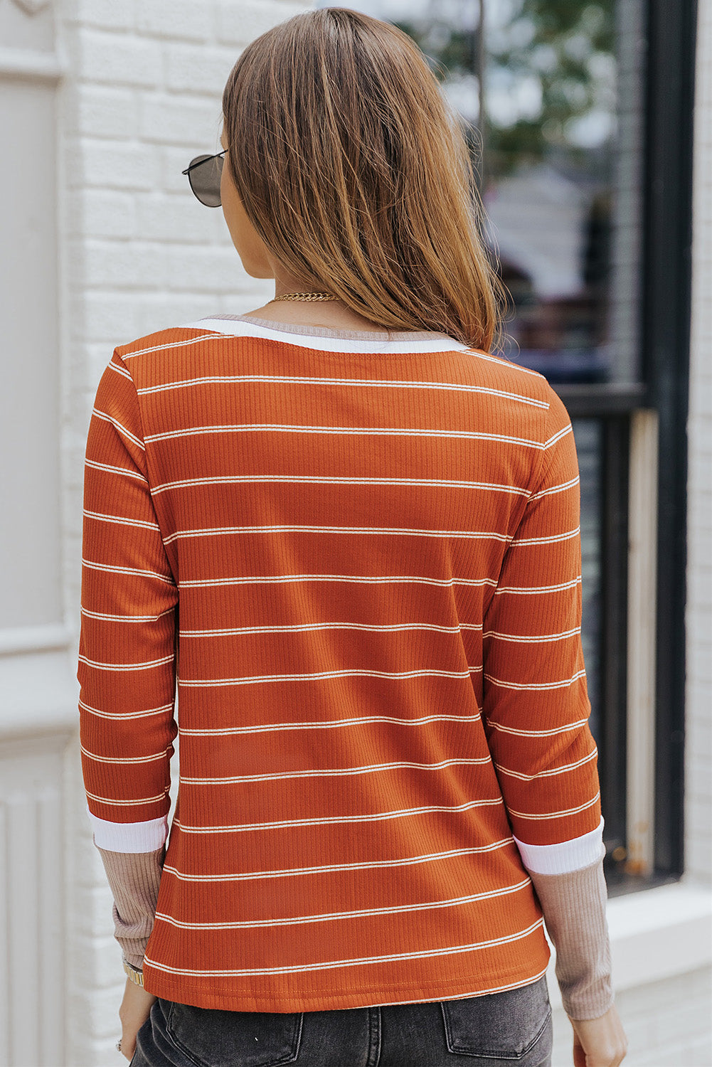 Dark Blue Striped Spliced Color Block Rib Knit Top