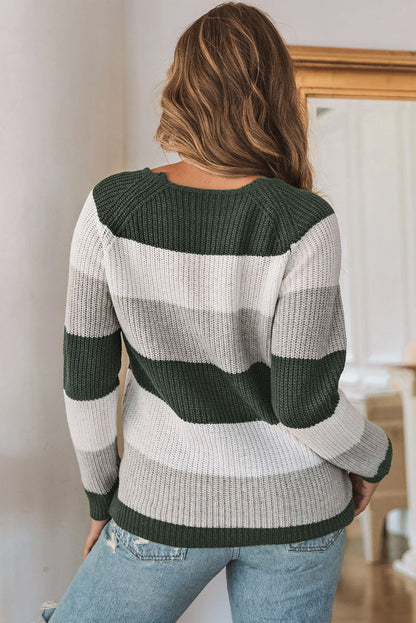 Green Chevron Color Block Striped Knit Pullover Sweater