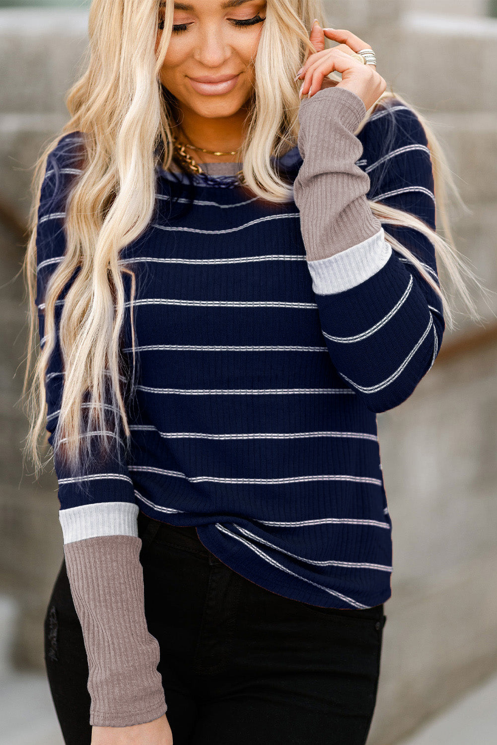 Dark Blue Striped Spliced Color Block Rib Knit Top