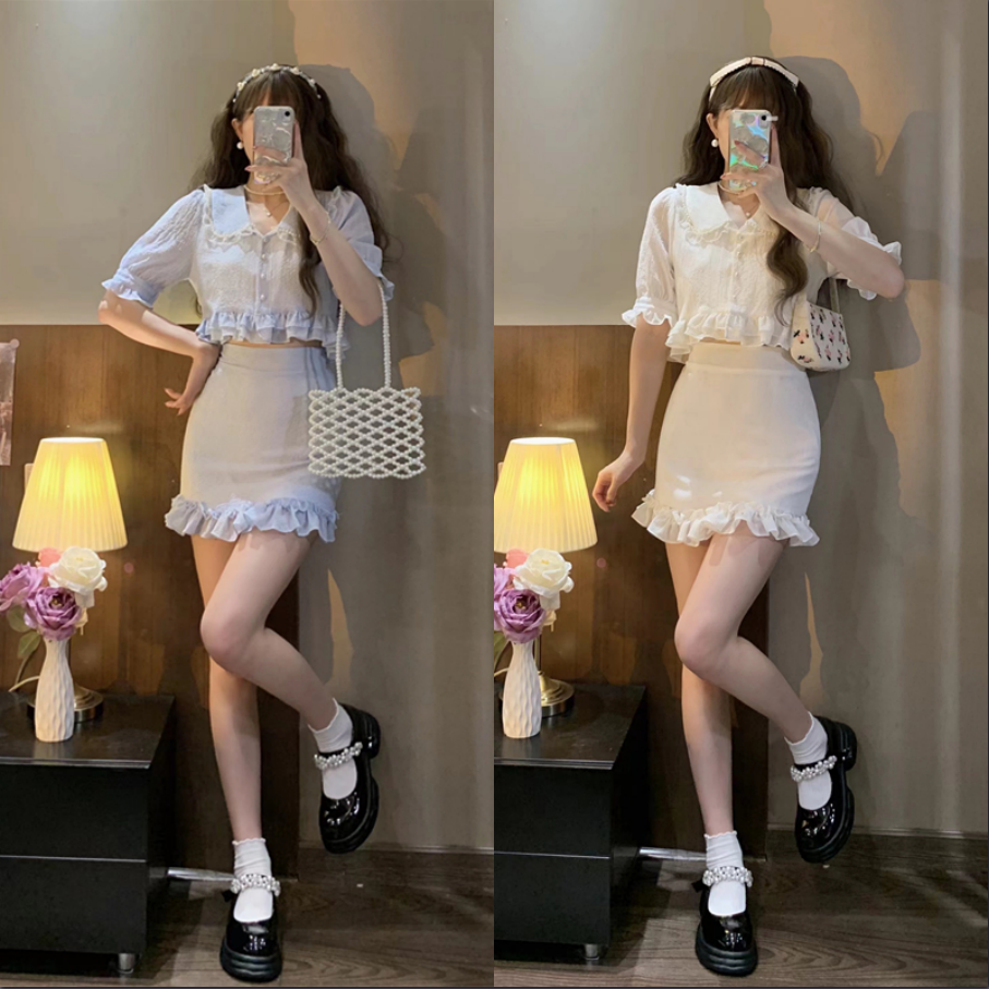 Women's Fashion Bubble Sleeve Doll Collar Shirt Skirt Set