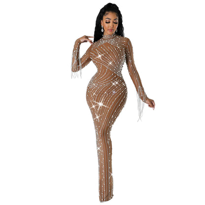 Robe longue en maille strass pour femmes