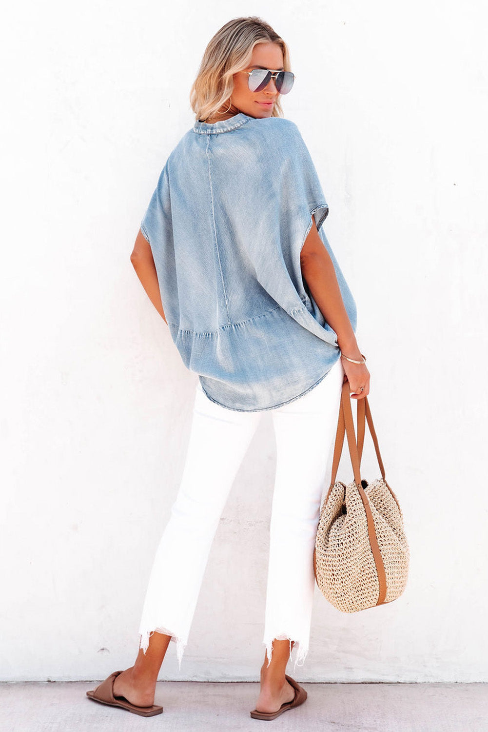 Sky Blue Split V Neck Oversized Denim Blouse