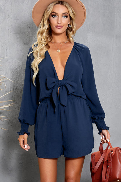 Beige Tie Knot Puff Long Sleeve Romper