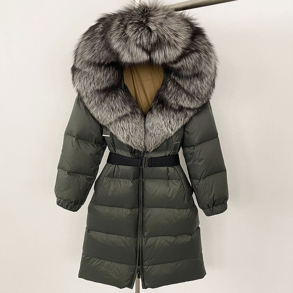 Manteau long à capuche et col en fourrure de renard véritable pour femme