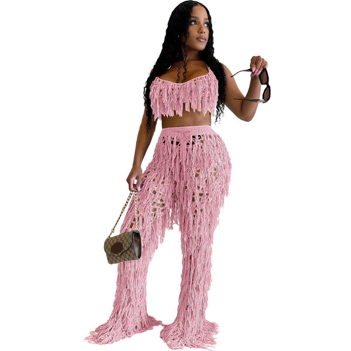 European And American Urban See-through Knitted Hand Crochet Tassel Beach Suit