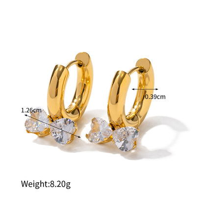 18K Gold Fashion Novel Three-dimensional Diamond-set Double Heart Bow Knot Earrings