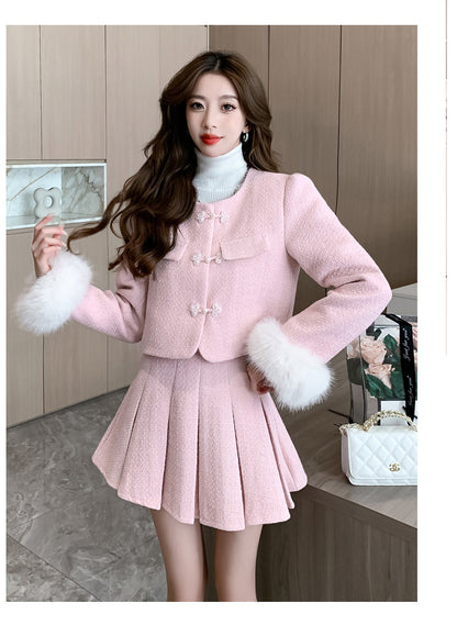 Classic Style Puffer Jacket High Waist Pleated Skirt Two-piece Set