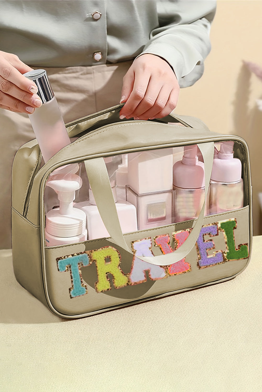 Trousse de maquillage en PVC transparent avec lettre chenille TRAVEL vert menthe