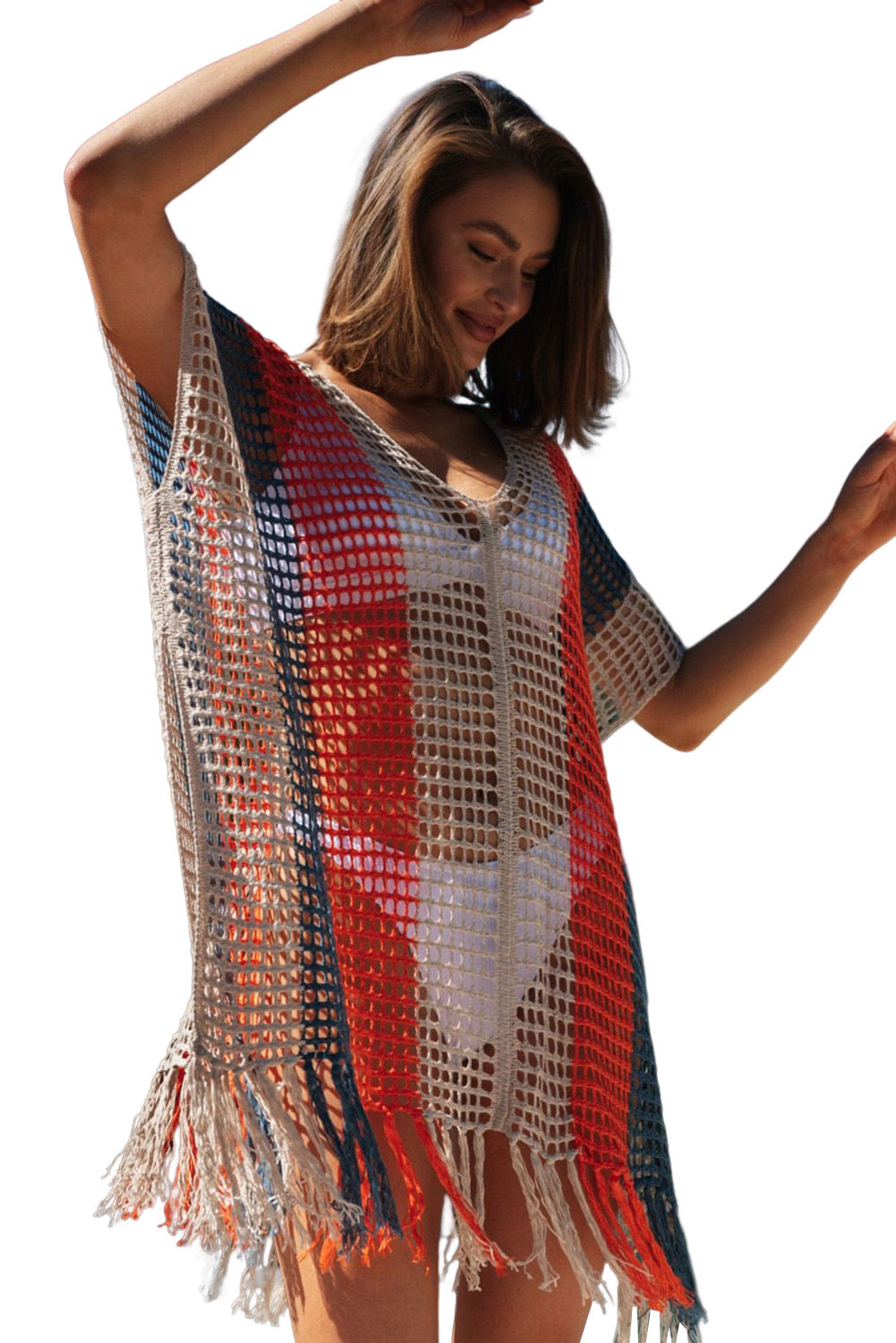 Multicolor Striped Tassel Crochet V Neck Beach Cover Up